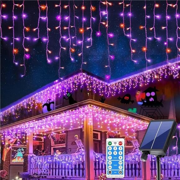 300 LED Halloween Icicle Lights Outdoor Waterproof, 8 Modes Solar Icicle Lights